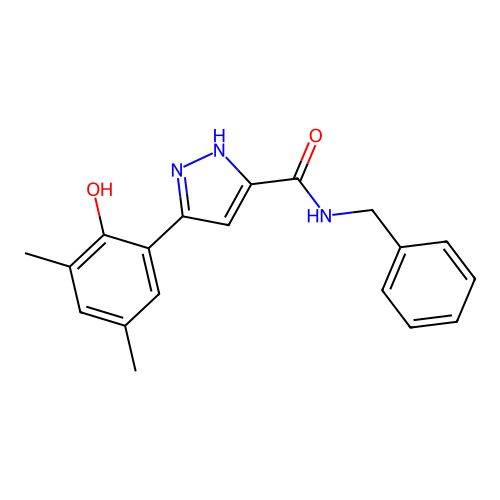 N-benzyl-5-(2-hydroxy-3,5-dimethylphenyl)-1H-pyrazole-3-carboxamide structure