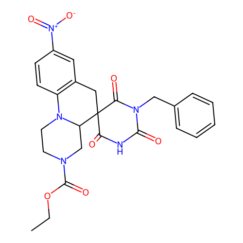 ethyl 1'-benzyl-4'-hydroxy-8-nitro-2',6'-dioxo-1,1',2,4,4a,6'-hexahydro-2'H,3H,6H-spiro[pyrazino[1,2-a]quinoline-5,5'-pyrimidine]-3-carboxylate structure