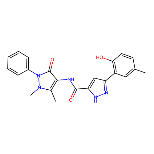 N-(1,5-dimethyl-3-oxo-2-phenyl-2,3-dihydro-1H-pyrazol-4-yl)-5-(2-hydroxy-5-methylphenyl)-1H-pyrazole-3-carboxamide structure