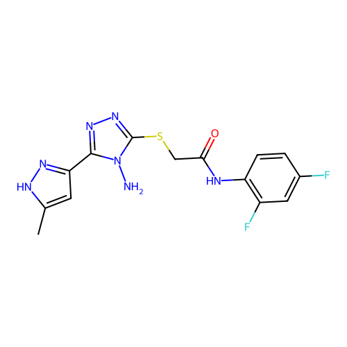 2-((4-amino-5-(3-methyl-1H-pyrazol-5-yl)-4H-1,2,4-triazol-3-yl)thio)-N-(2,4-difluorophenyl)acetamide structure