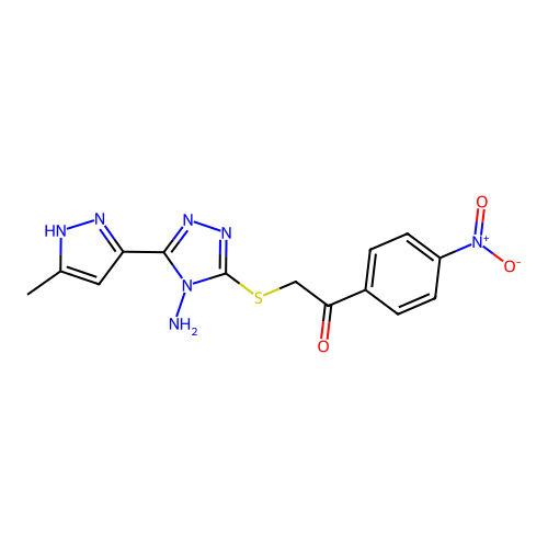 2-[[4-amino-5-(5-methyl-1H-pyrazol-3-yl)-1,2,4-triazol-3-yl]sulfanyl]-1-(4-nitrophenyl)ethanone structure