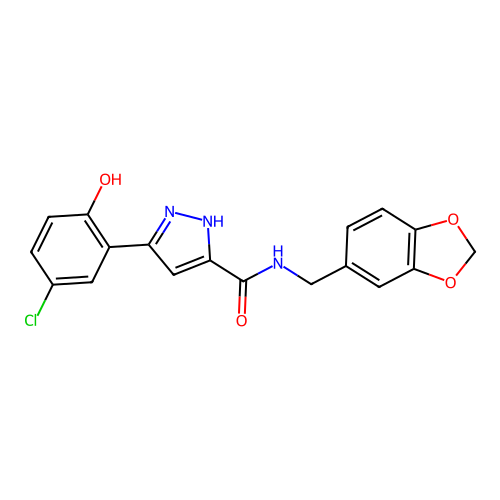 N-(1,3-benzodioxol-5-ylmethyl)-5-(5-chloro-2-hydroxyphenyl)-1H-pyrazole-3-carboxamide structure