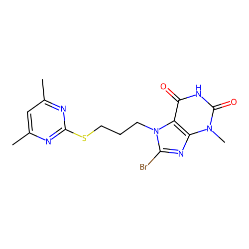 8-bromo-7-(3-((4,6-dimethylpyrimidin-2-yl)thio)propyl)-3-methyl-1H-purine-2,6(3H,7H)-dione structure