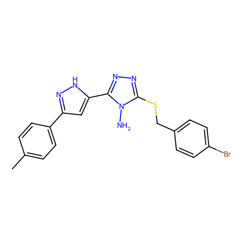 3-((4-bromobenzyl)thio)-5-(3-(p-tolyl)-1H-pyrazol-5-yl)-4H-1,2,4-triazol-4-amine structure