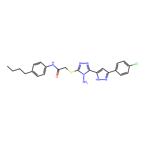 2-((4-amino-5-(3-(4-chlorophenyl)-1H-pyrazol-5-yl)-4H-1,2,4-triazol-3-yl)thio)-N-(4-butylphenyl)acetamide structure