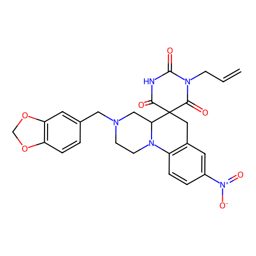 1'-allyl-3-(benzo[d][1,3]dioxol-5-ylmethyl)-8-nitro-1,2,3,4,4a,6-hexahydro-1'H-spiro[pyrazino[1,2-a]quinoline-5,5'-pyrimidine]-2',4',6'(3'H)-trione structure