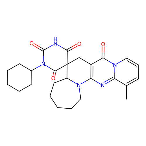 1'-cyclohexyl-13-methyl-1,2,3,4,5,5a-hexahydro-1'H-spiro[pyrido[1'',2'':1',2']pyrimido[5',4':5,6]pyrido[1,2-a]azepine-6,5'-pyrimidine]-2',4',6',8(3'H,7H)-tetraone structure