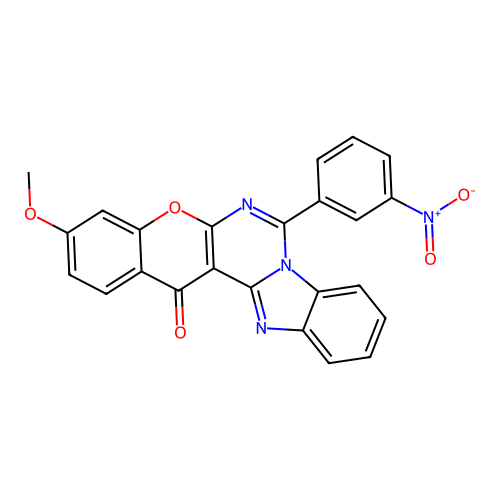 3-methoxy-7-(3-nitrophenyl)-14H-benzo[4,5]imidazo[1,2-c]chromeno[3,2-e]pyrimidin-14-one structure