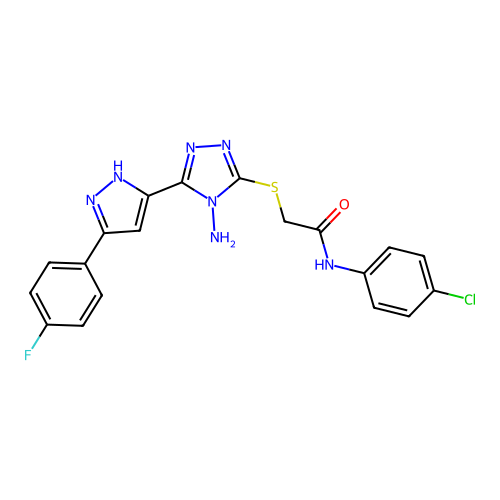 2-((4-amino-5-(3-(4-fluorophenyl)-1H-pyrazol-5-yl)-4H-1,2,4-triazol-3-yl)thio)-N-(4-chlorophenyl)acetamide structure