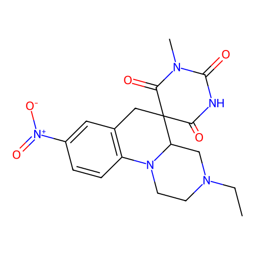 3'-ethyl-1-methyl-8'-nitrospiro[1,3-diazinane-5,5'-2,4,4a,6-tetrahydro-1H-pyrazino[1,2-a]quinoline]-2,4,6-trione structure