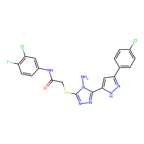 2-((4-amino-5-(3-(4-chlorophenyl)-1H-pyrazol-5-yl)-4H-1,2,4-triazol-3-yl)thio)-N-(3-chloro-4-fluorophenyl)acetamide structure