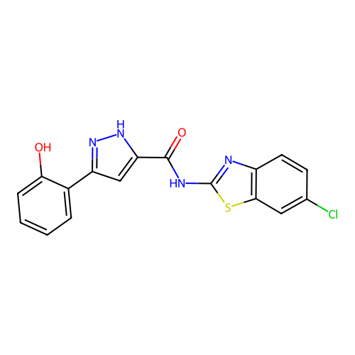 N-(6-chloro-1,3-benzothiazol-2-yl)-5-(2-hydroxyphenyl)-1H-pyrazole-3-carboxamide structure