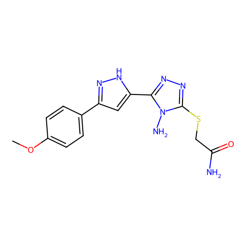 2-{4-amino-5-[3-(4-methoxyphenyl)pyrazol-5-yl]-1,2,4-triazol-3-ylthio}acetamid e structure