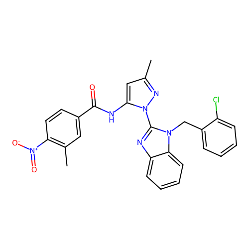 N-(1-(1-(2-chlorobenzyl)-1H-benzo[d]imidazol-2-yl)-3-methyl-1H-pyrazol-5-yl)-3-methyl-4-nitrobenzamide structure