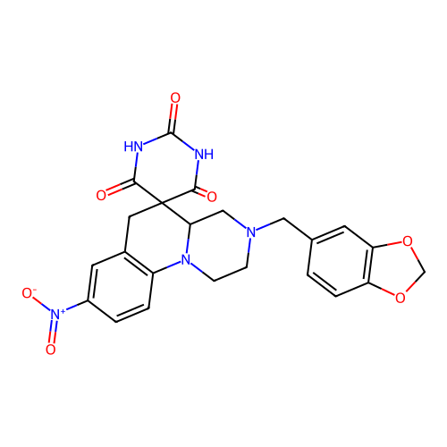 3'-(1,3-benzodioxol-5-ylmethyl)-8'-nitrospiro[1,3-diazinane-5,5'-2,4,4a,6-tetrahydro-1H-pyrazino[1,2-a]quinoline]-2,4,6-trione structure