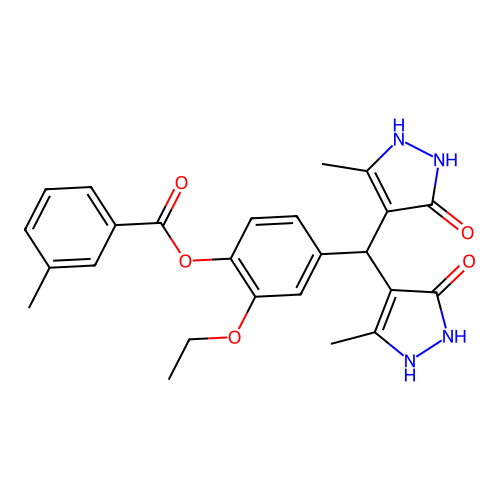 4-[bis(5-hydroxy-3-methyl-1H-pyrazol-4-yl)methyl]-2-ethoxyphenyl 3-methylbenzoate structure