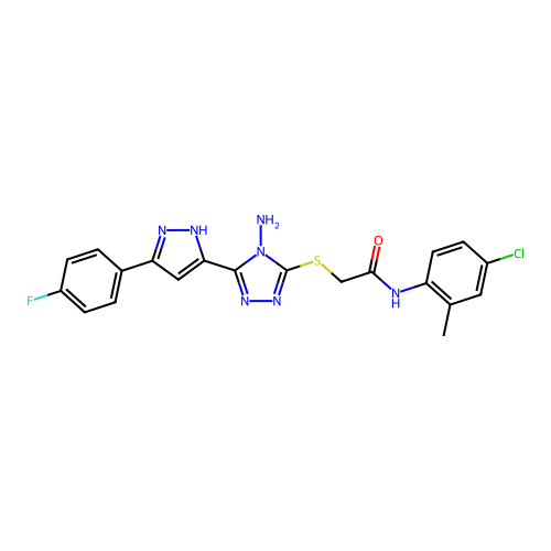 2-((4-amino-5-(3-(4-fluorophenyl)-1H-pyrazol-5-yl)-4H-1,2,4-triazol-3-yl)thio)-N-(4-chloro-2-methylphenyl)acetamide structure