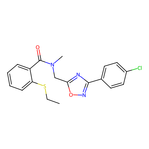 N-[[3-(4-chlorophenyl)-1,2,4-oxadiazol-5-yl]methyl]-2-ethylsulfanyl-N-methylbenzamide structure