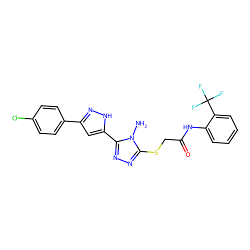 2-((4-amino-5-(3-(4-chlorophenyl)-1H-pyrazol-5-yl)-4H-1,2,4-triazol-3-yl)thio)-N-(2-(trifluoromethyl)phenyl)acetamide structure