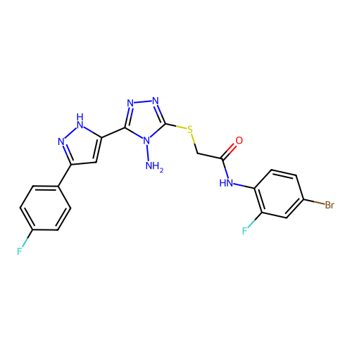 2-((4-amino-5-(3-(4-fluorophenyl)-1H-pyrazol-5-yl)-4H-1,2,4-triazol-3-yl)thio)-N-(4-bromo-2-fluorophenyl)acetamide structure