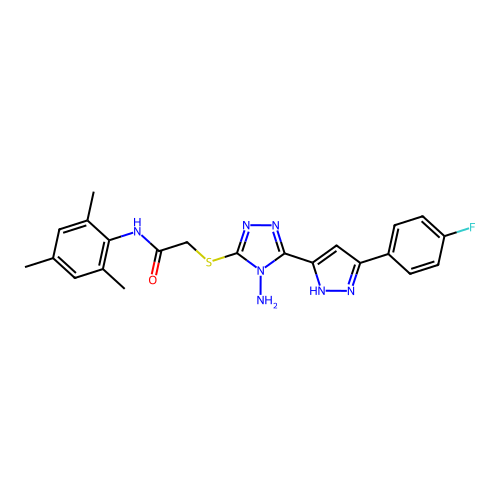 2-((4-amino-5-(3-(4-fluorophenyl)-1H-pyrazol-5-yl)-4H-1,2,4-triazol-3-yl)thio)-N-mesitylacetamide structure