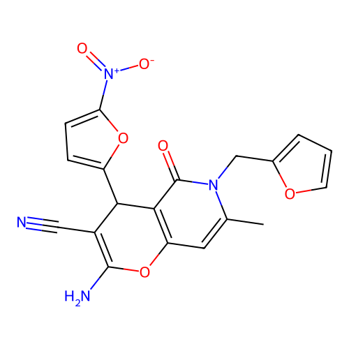 2-amino-6-(furan-2-ylmethyl)-7-methyl-4-(5-nitrofuran-2-yl)-5-oxo-5,6-dihydro-4H-pyrano[3,2-c]pyridine-3-carbonitrile structure