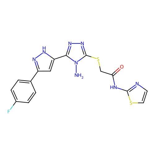 2-((4-amino-5-(3-(4-fluorophenyl)-1H-pyrazol-5-yl)-4H-1,2,4-triazol-3-yl)thio)-N-(thiazol-2-yl)acetamide structure