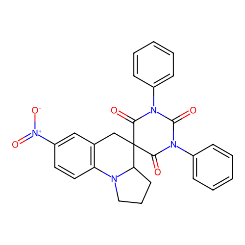 7'-nitro-1,3-diphenyl-1',2',3',3a'-tetrahydro-2H,5'H-spiro[pyrimidine-5,4'-pyrrolo[1,2-a]quinoline]-2,4,6(1H,3H)-trione structure