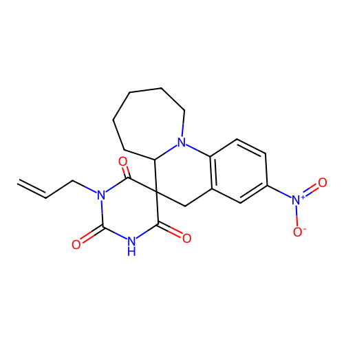 1'-allyl-3-nitro-6a,7,8,9,10,11-hexahydro-1'H,5H-spiro[azepino[1,2-a]quinoline-6,5'-pyrimidine]-2',4',6'(3'H)-trione structure