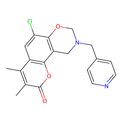6-chloro-3,4-dimethyl-9-(pyridin-4-ylmethyl)-8,10-dihydropyrano[2,3-f][1,3]benzoxazin-2-one structure