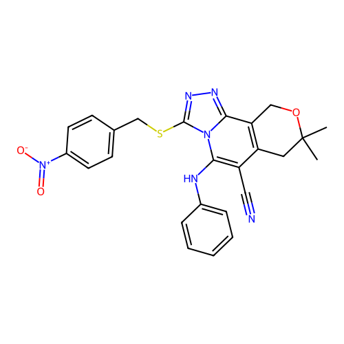 8,8-dimethyl-3-((4-nitrobenzyl)thio)-5-(phenylamino)-8,10-dihydro-7H-pyrano[3,4-c][1,2,4]triazolo[4,3-a]pyridine-6-carbonitrile structure