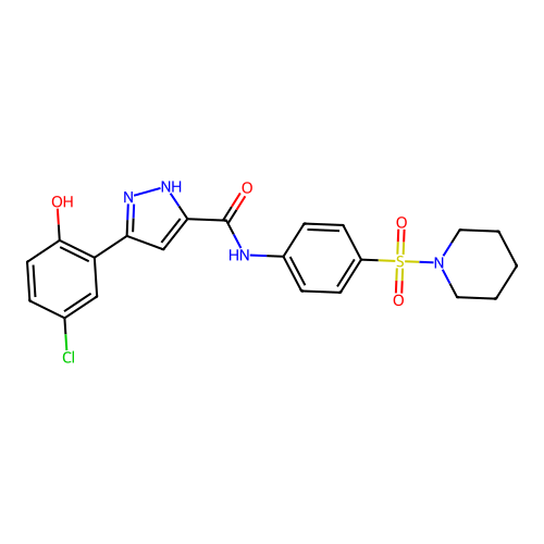 5-(5-chloro-2-hydroxyphenyl)-N-[4-(piperidin-1-ylsulfonyl)phenyl]-1H-pyrazole-3-carboxamide structure