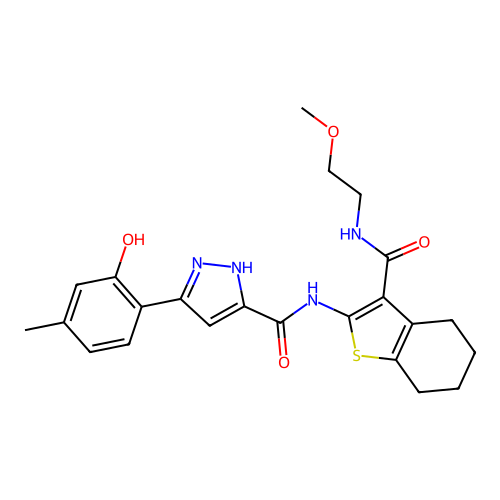 3-(2-hydroxy-4-methylphenyl)-N-(3-((2-methoxyethyl)carbamoyl)-4,5,6,7-tetrahydrobenzo[b]thiophen-2-yl)-1H-pyrazole-5-carboxamide structure