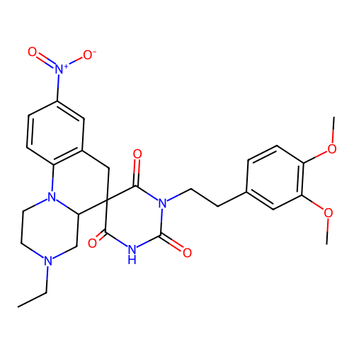 1'-(3,4-dimethoxyphenethyl)-3-ethyl-8-nitro-1,2,3,4,4a,6-hexahydro-1'H-spiro[pyrazino[1,2-a]quinoline-5,5'-pyrimidine]-2',4',6'(3'H)-trione structure