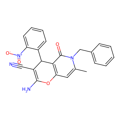 2-amino-6-benzyl-7-methyl-4-(2-nitrophenyl)-5-oxo-5,6-dihydro-4H-pyrano[3,2-c]pyridine-3-carbonitrile structure