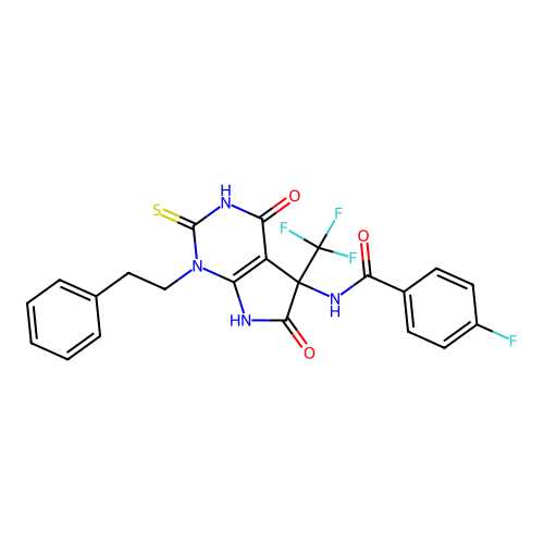 N-(4,6-dioxo-1-phenethyl-2-thioxo-5-(trifluoromethyl)-2,3,4,5,6,7-hexahydro-1H-pyrrolo[2,3-d]pyrimidin-5-yl)-4-fluorobenzamide structure