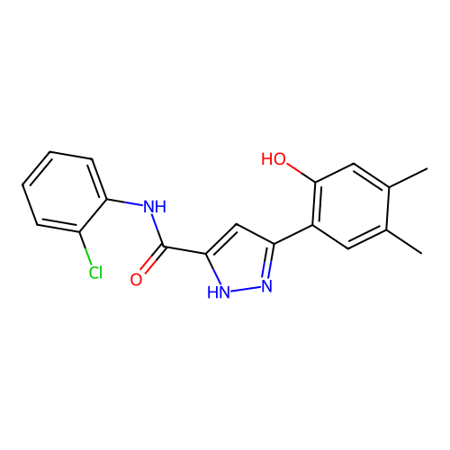N-(2-chlorophenyl)-5-(2-hydroxy-4,5-dimethylphenyl)-1H-pyrazole-3-carboxamide structure