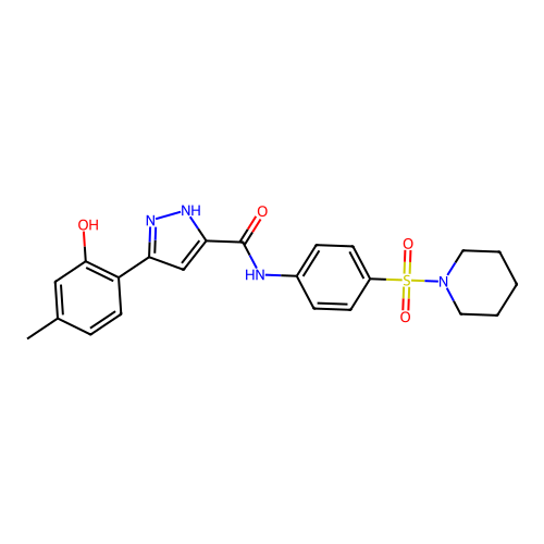 5-(2-hydroxy-4-methylphenyl)-N-[4-(piperidin-1-ylsulfonyl)phenyl]-1H-pyrazole-3-carboxamide structure