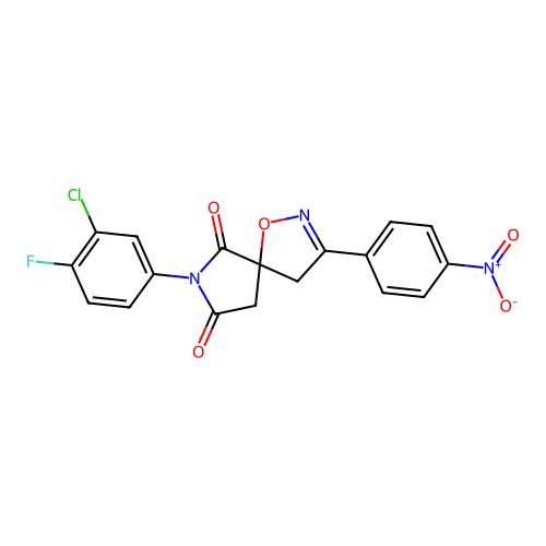 7-(3-chloro-4-fluorophenyl)-3-(4-nitrophenyl)-1-oxa-2,7-diazaspiro[4.4]non-2-ene-6,8-dione structure