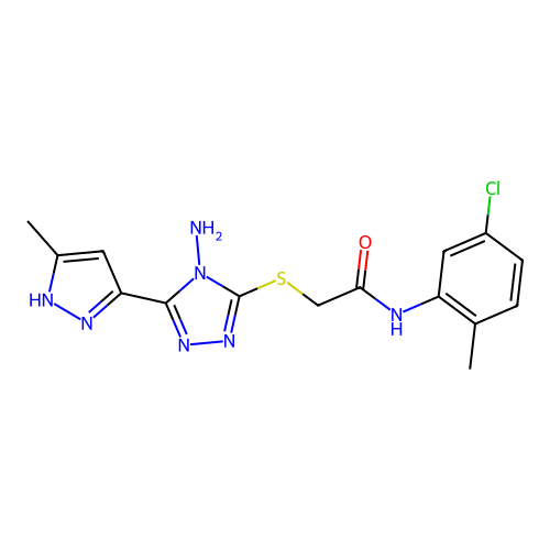 2-((4-amino-5-(3-methyl-1H-pyrazol-5-yl)-4H-1,2,4-triazol-3-yl)thio)-N-(5-chloro-2-methylphenyl)acetamide structure