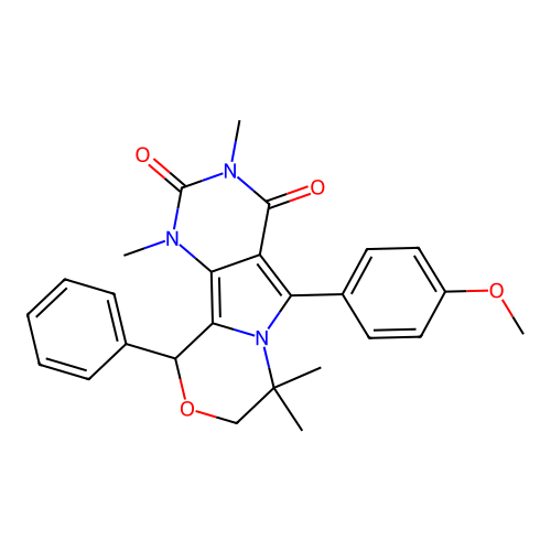 5-(4-methoxyphenyl)-1,3,7,7-tetramethyl-10-phenyl-1,7,8,10-tetrahydro-2H-pyrimido[4',5':3,4]pyrrolo[2,1-c][1,4]oxazine-2,4(3H)-dione structure
