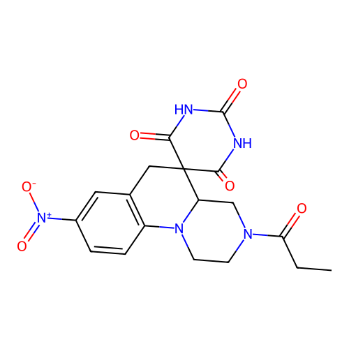 2',6'-dihydroxy-8-nitro-3-propanoyl-2,3,4,4a-tetrahydro-1H,4'H,6H-spiro[pyrazino[1,2-a]quinoline-5,5'-pyrimidin]-4'-one structure
