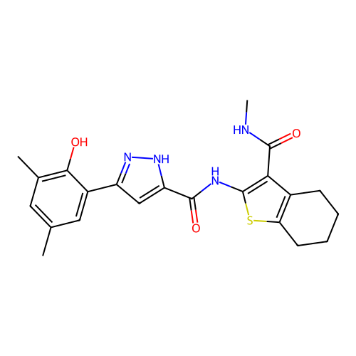 5-(2-hydroxy-3,5-dimethylphenyl)-N-[3-(methylcarbamoyl)-4,5,6,7-tetrahydro-1-benzothiophen-2-yl]-1H-pyrazole-3-carboxamide structure