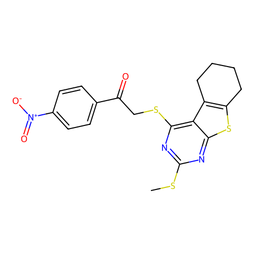 2-((2-(methylthio)-5,6,7,8-tetrahydrobenzo[4,5]thieno[2,3-d]pyrimidin-4-yl)thio)-1-(4-nitrophenyl)ethanone structure