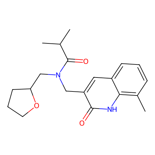 2-methyl-N-[(8-methyl-2-oxo-1H-quinolin-3-yl)methyl]-N-(oxolan-2-ylmethyl)propanamide structure