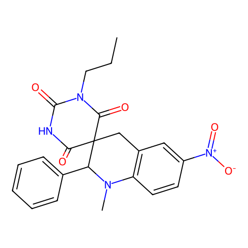 1'-methyl-6'-nitro-2'-phenyl-1-propyl-2',4'-dihydro-1H,1'H-spiro[pyrimidine-5,3'-quinoline]-2,4,6(3H)-trione structure