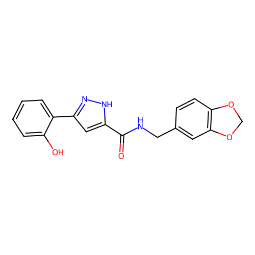 N-(1,3-benzodioxol-5-ylmethyl)-5-(2-hydroxyphenyl)-1H-pyrazole-3-carboxamide structure