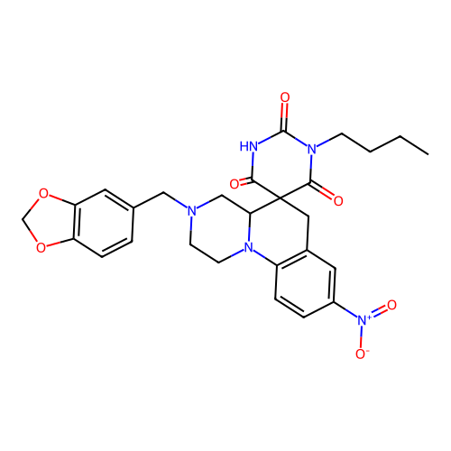 3'-(1,3-benzodioxol-5-ylmethyl)-1-butyl-8'-nitrospiro[1,3-diazinane-5,5'-2,4,4a,6-tetrahydro-1H-pyrazino[1,2-a]quinoline]-2,4,6-trione structure