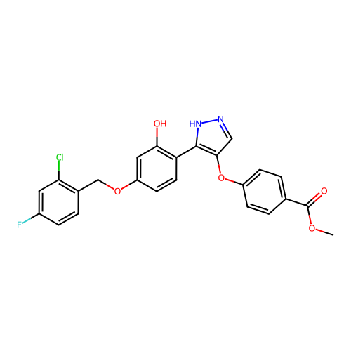 methyl 4-((3-(4-((2-chloro-4-fluorobenzyl)oxy)-2-hydroxyphenyl)-1H-pyrazol-4-yl)oxy)benzoate structure