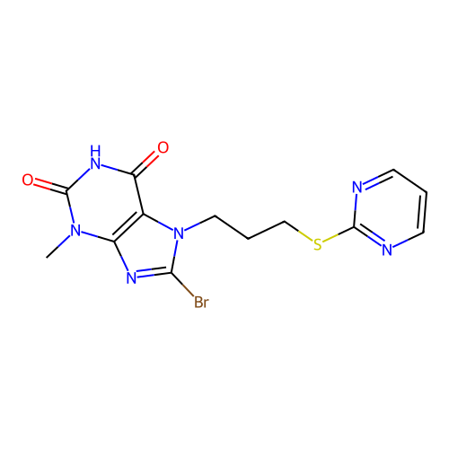 8-bromo-3-methyl-7-(3-(pyrimidin-2-ylthio)propyl)-1H-purine-2,6(3H,7H)-dione structure